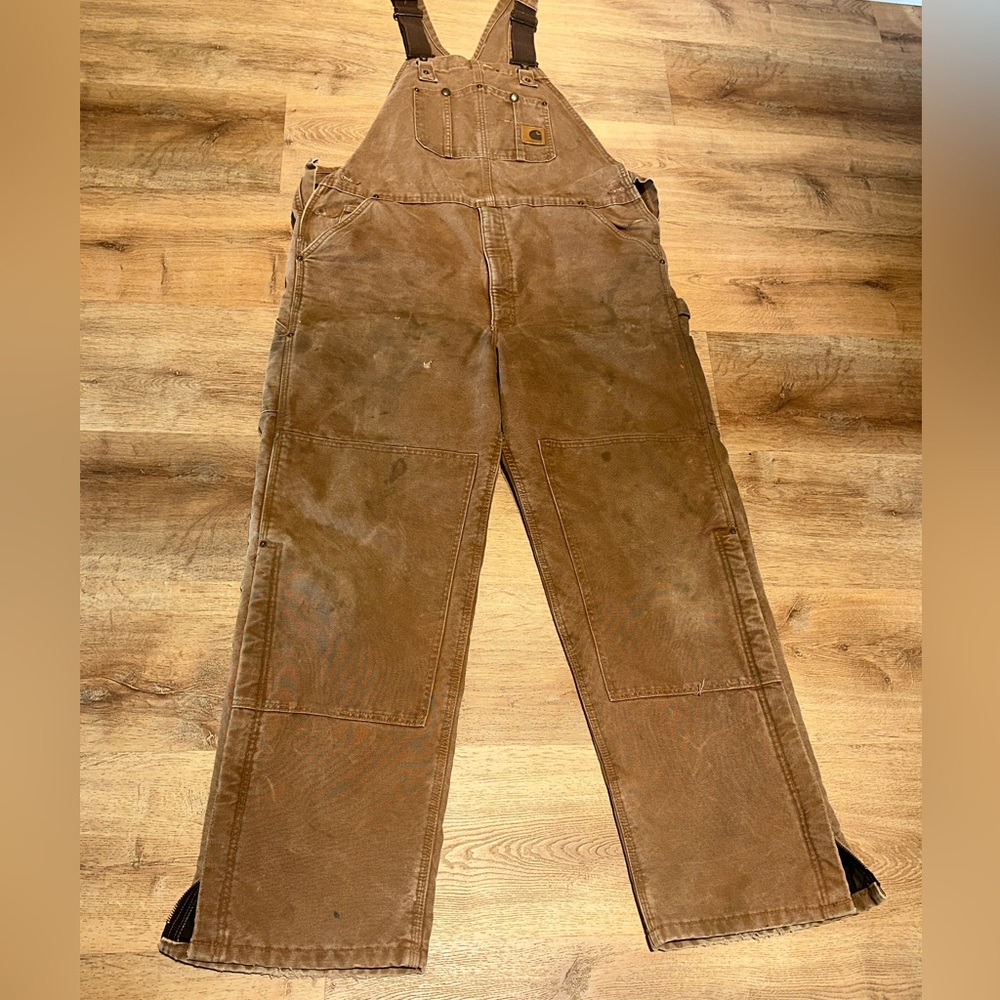Carhartt Overalls Mens 40x34 Brown Distressed Canvas Lined Double Knee R27 BRN